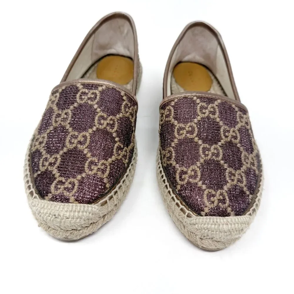 Gucci GG Logo Lurex Lamé Espadrilles Brown Beige Monogram Flats EU 37.5 US 7.5 - Picture 4 of 14